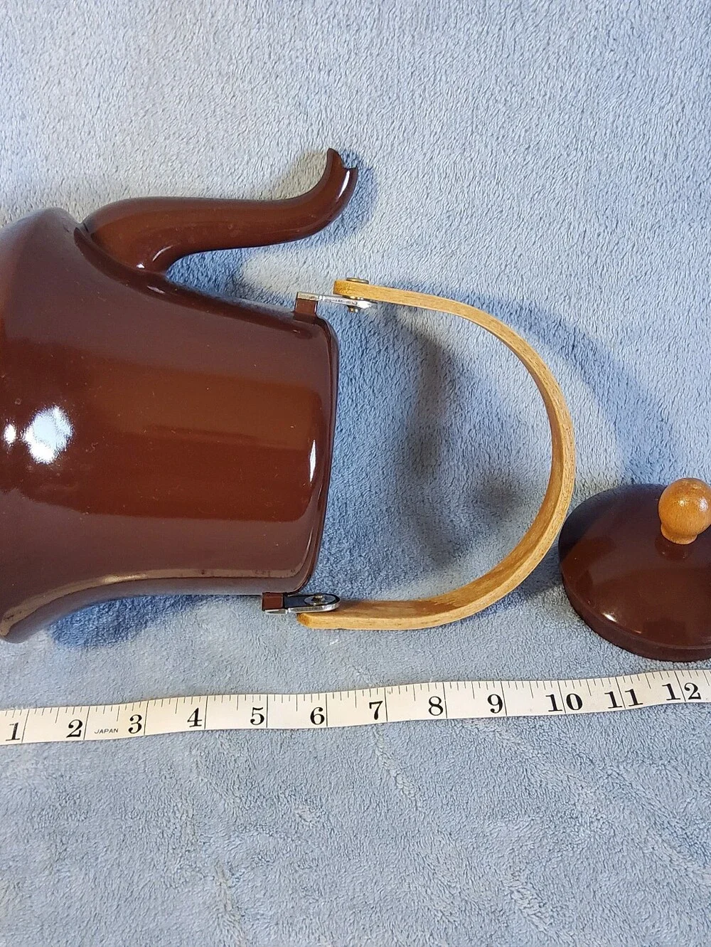 Vintage Brown Enamelware Tea Kettle Blue Speckled Interior Kitchenware Cowboy